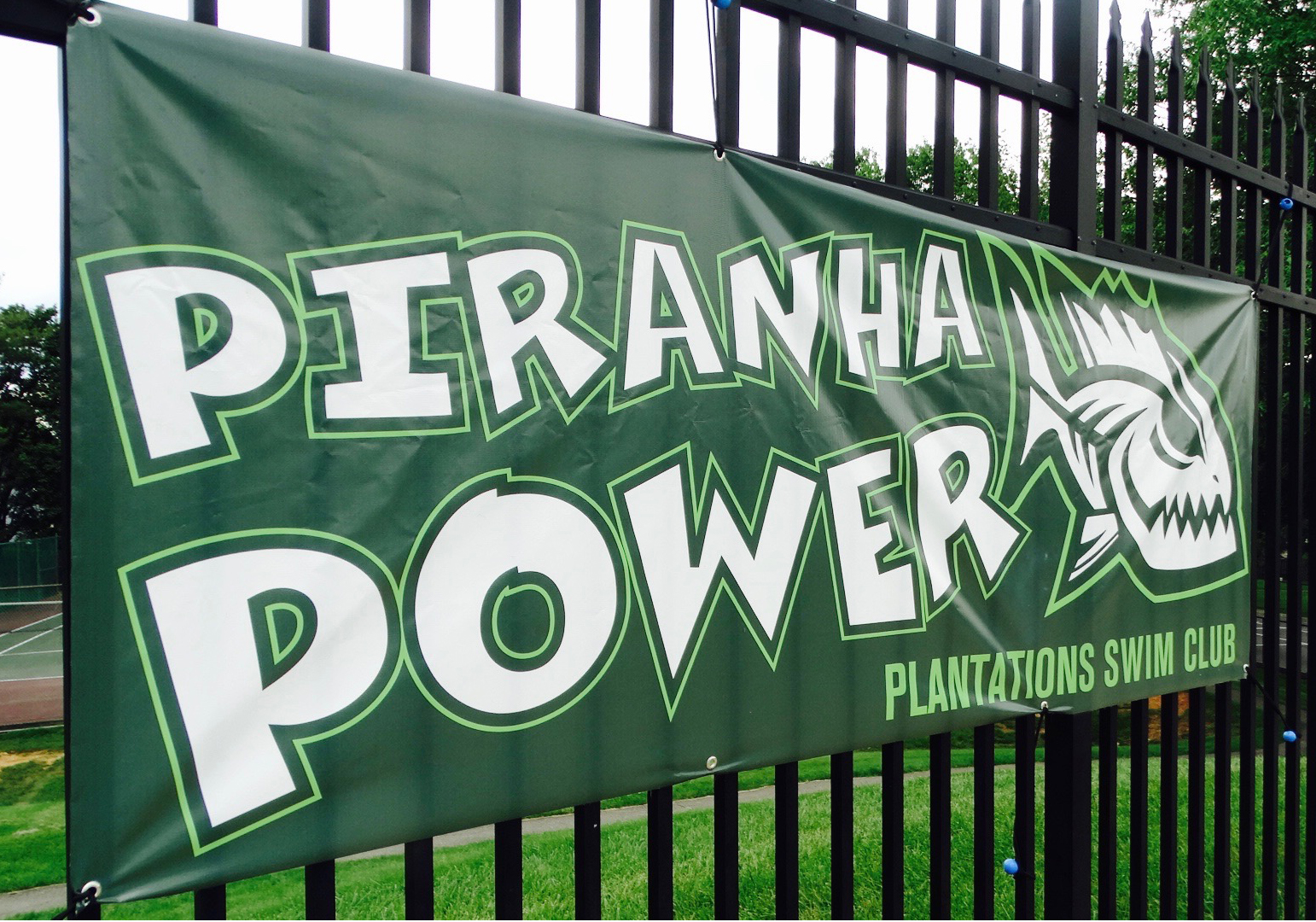 banner for Piranha Power Plantations Swim Club on black gate