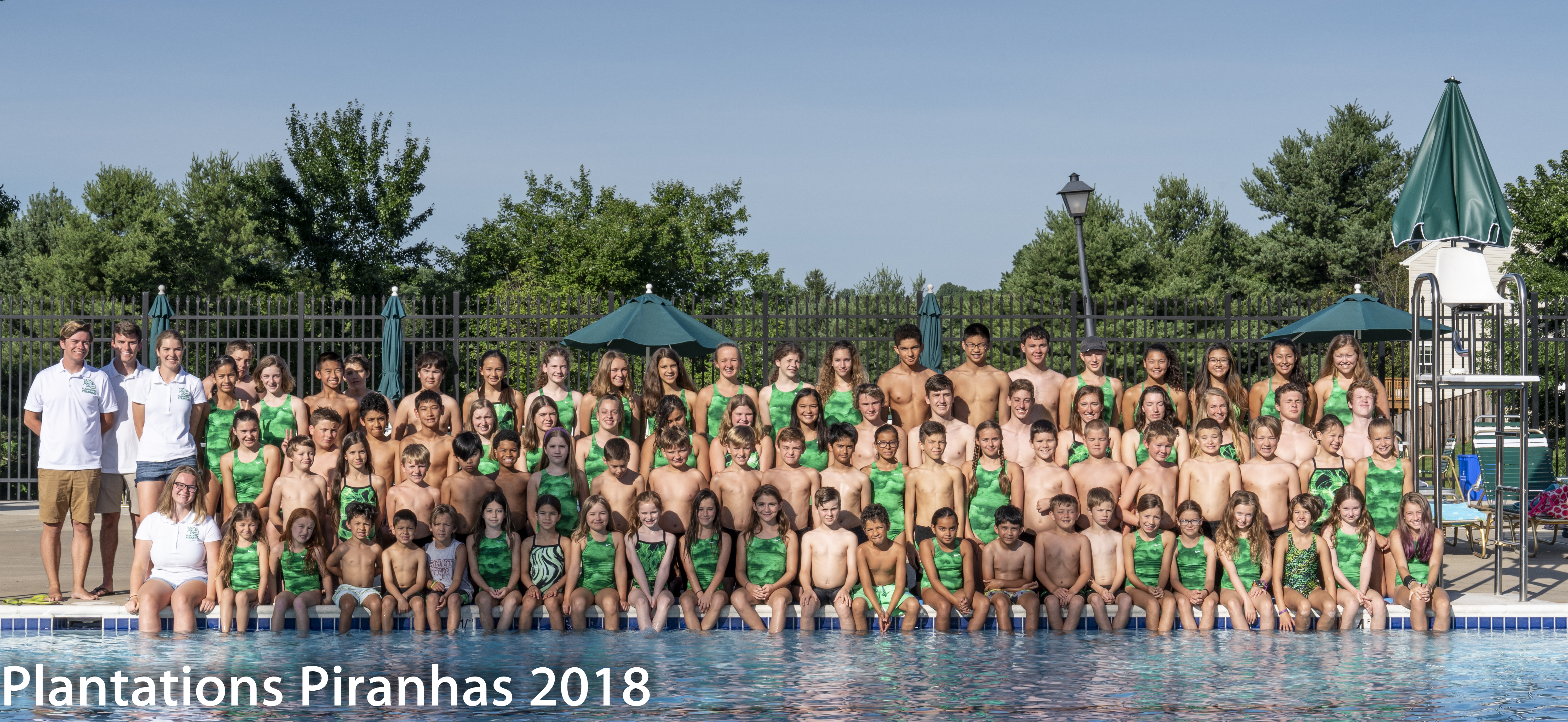 group photo of Piranha Power Plantations Swim Club team in 2018